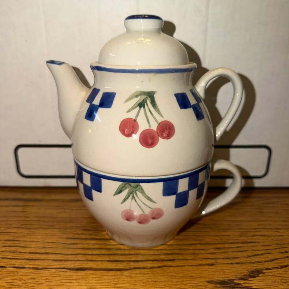 Ceramic Cherry and Blue Checkered Tea for One Set